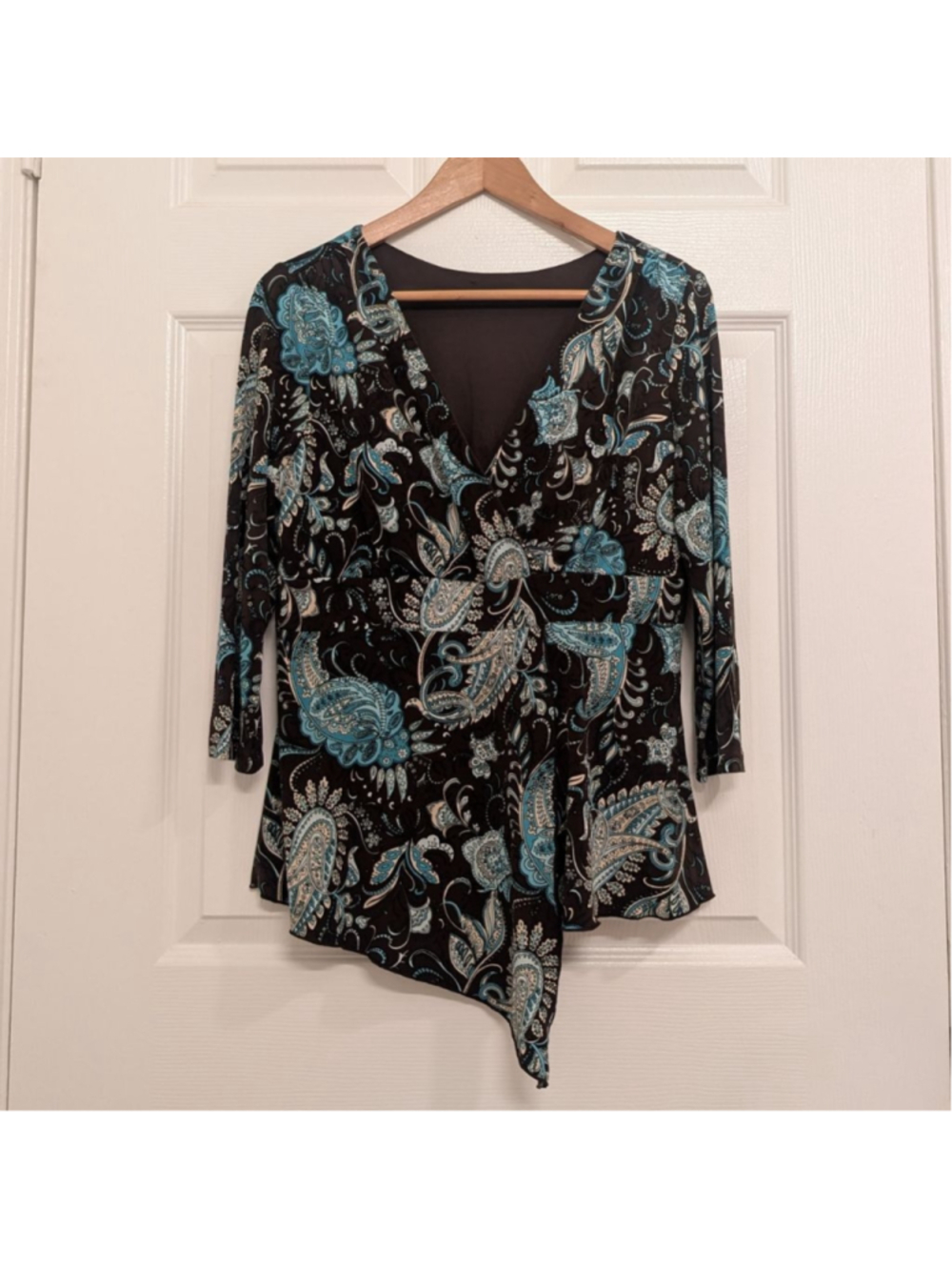 Vintage 90s Y2K Forest Fairy Brown Aqua Paisley Asymmetrical Top Babydoll XL
